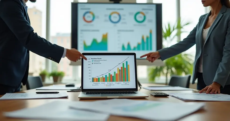 Empresários de serviços analisando gráficos de incentivos fiscais em 2026 em escritório moderno