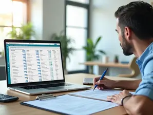 Empresário conferindo checklist de atualização cadastral no computador com documentos na mesa