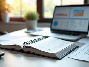 Livro caixa aberto sobre mesa com laptop, calculadora, caneta e notas fiscais ao redor