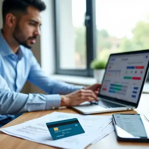 Empresário analisa reembolsos com cartão corporativo no notebook 