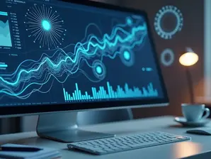 Computador com tela exibindo gráficos financeiros e ícones de inteligência artificial em ambiente de escritório moderno