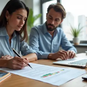 Empresário e contadora analisando contrato impresso sobre mesa de escritório 