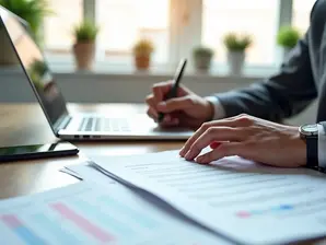 Contrato de prestação de serviços sendo revisado por profissional com documentos e laptop em mesa iluminada