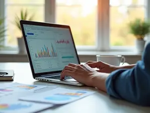 Pessoa analisando documentos financeiros em frente a laptop com gráficos e planilhas na tela