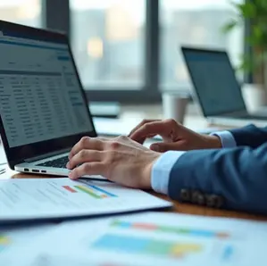 Pessoa analisando tabelas e classificações CNAE em notebook com documentos de contabilidade ao redor 