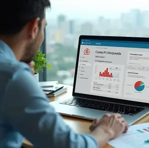 Empresário analisa conta bancária da empresa com alerta de bloqueio na tela do notebook 