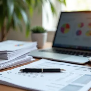 Mesa com documentos fiscais organizados, laptop aberto e caneta ao lado 