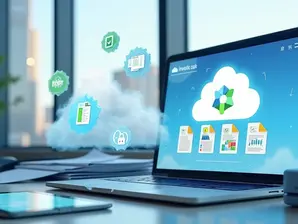 Profissional analisando documentos fiscais digitalizados com ícones de nuvem e segurança