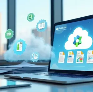 Profissional analisando documentos fiscais digitalizados com ícones de nuvem e segurança 