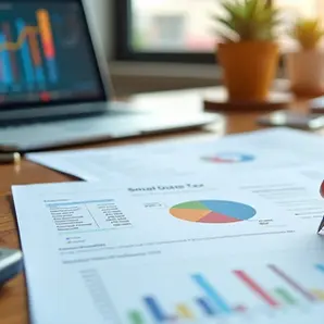 Mesa de trabalho com documentos fiscais, calculadora, laptop aberto mostrando gráficos financeiros e mão segurando caneta para anotar imposto estadual 