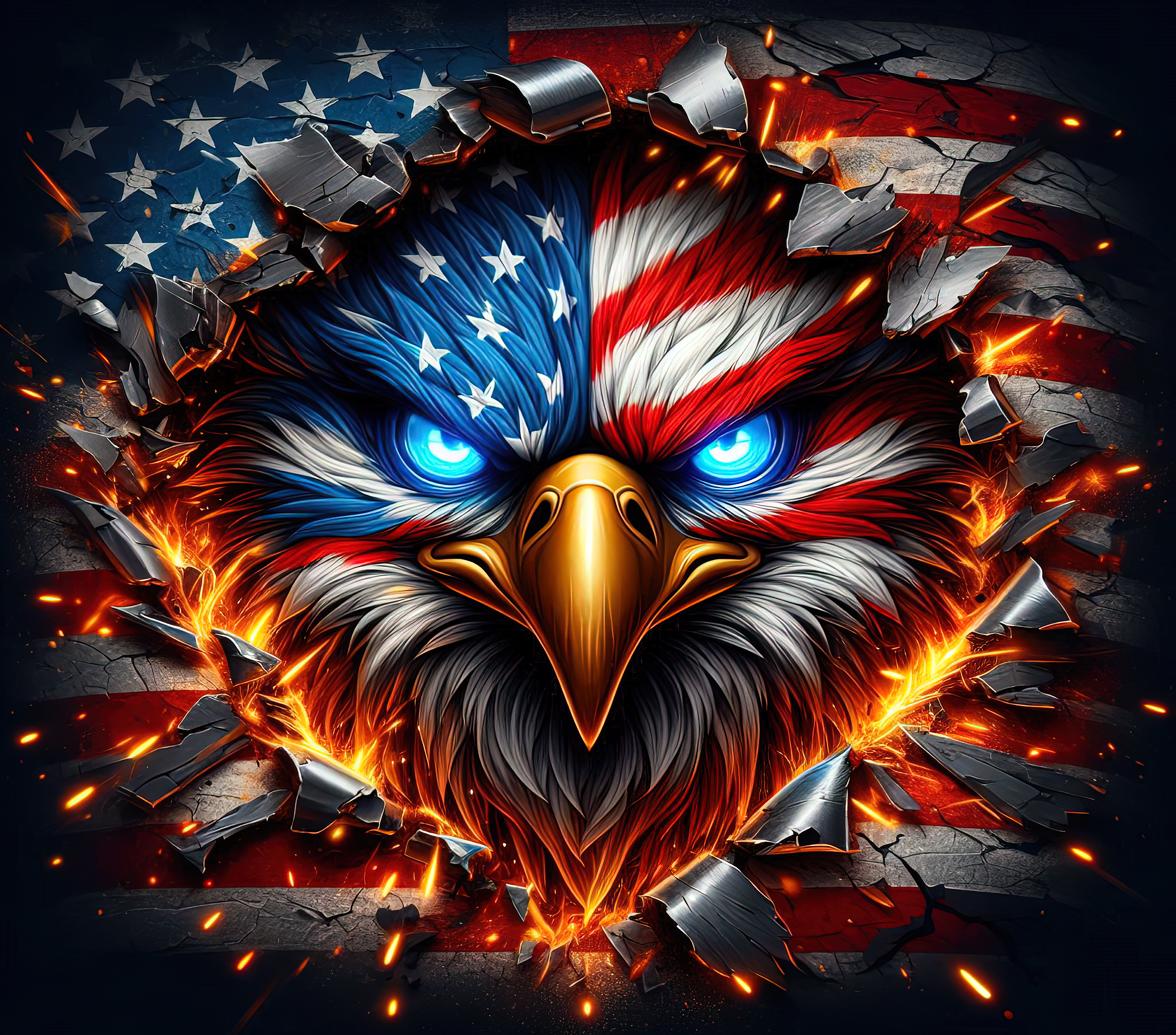 Eagle breaking thru the American flag