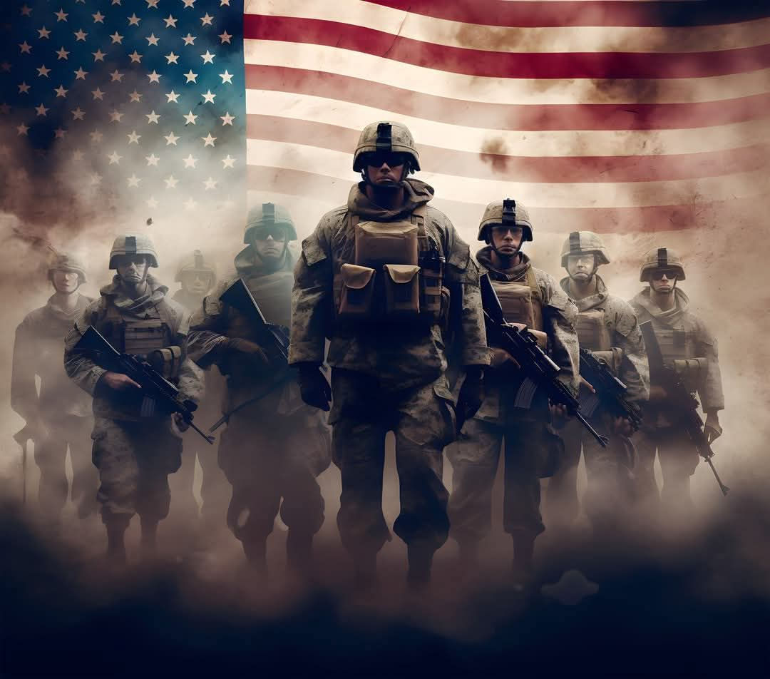 Soldiers standing with flag behind them