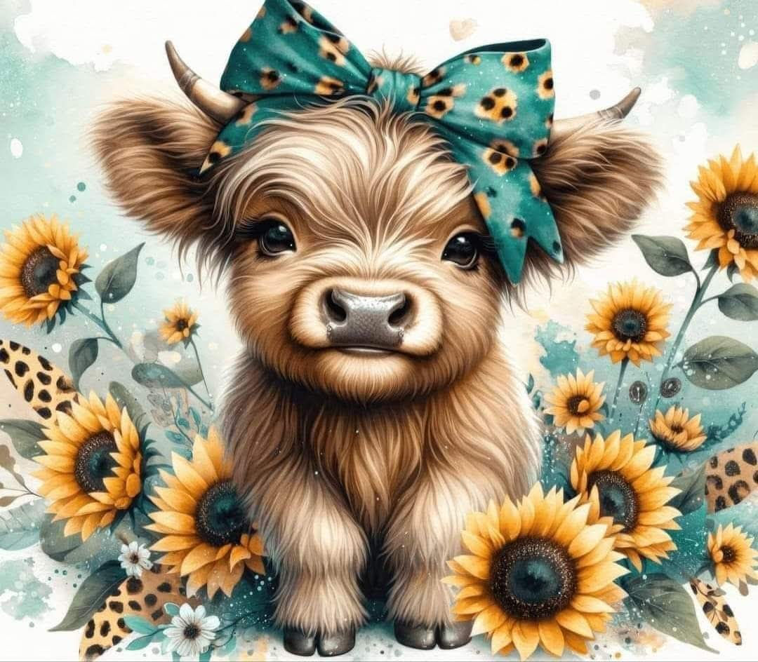 Highland cow with sun flowers