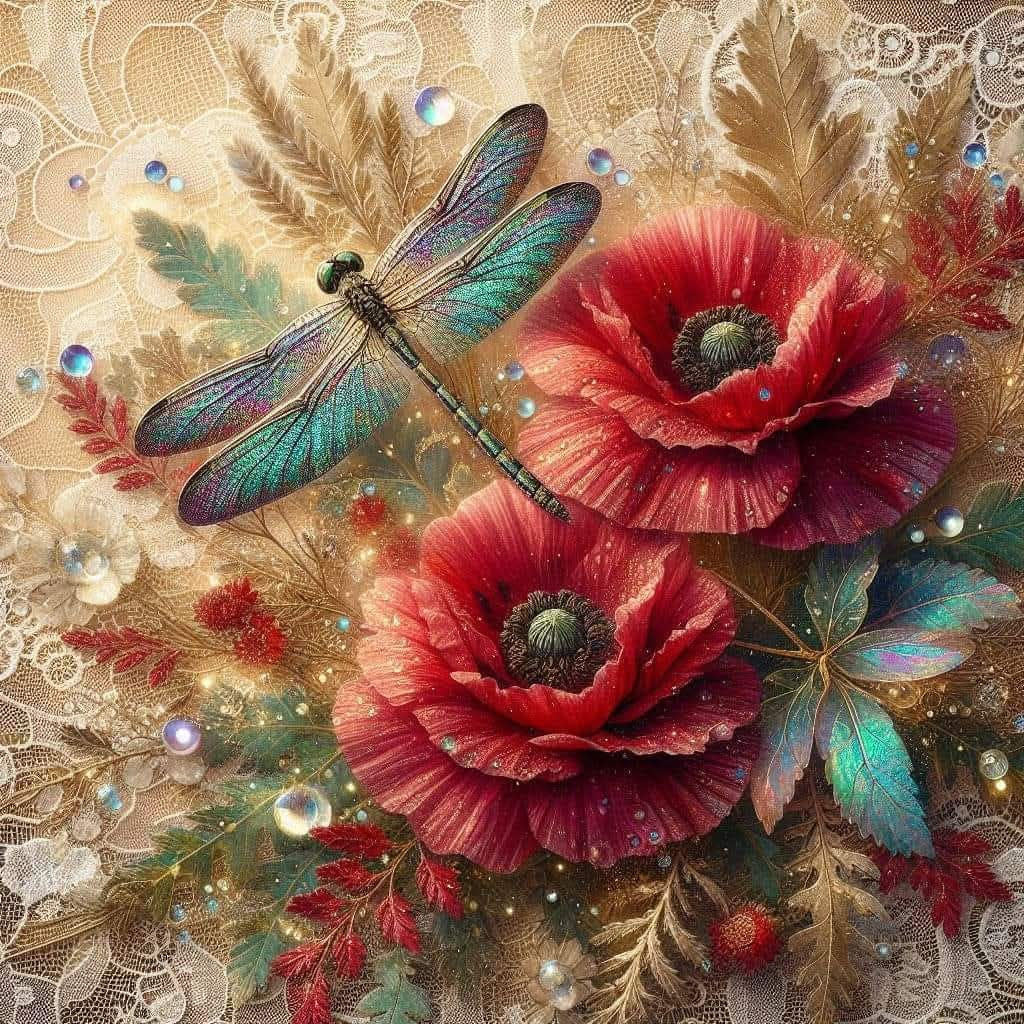 dragon fly with red flowers