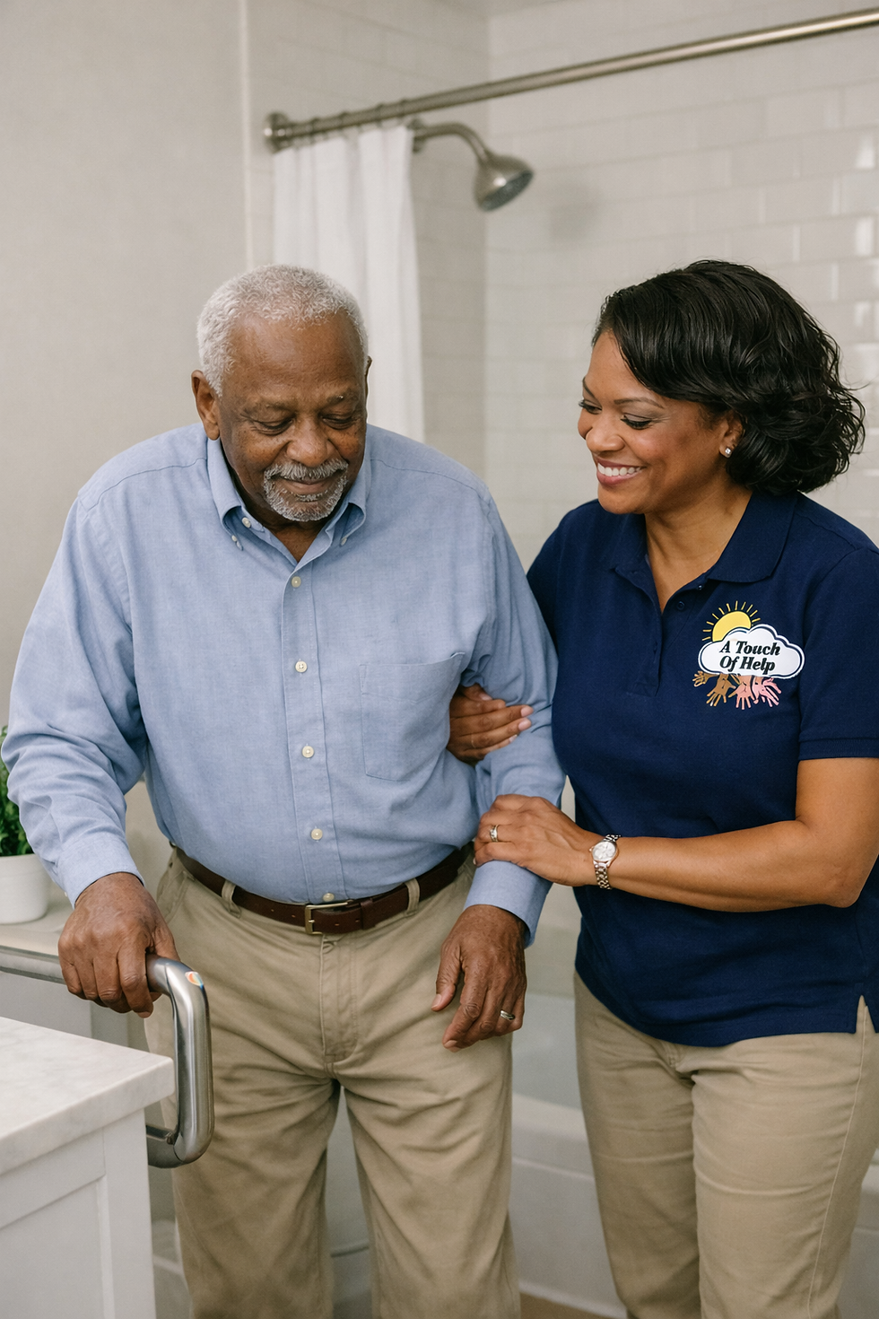 Caregiver assisting senior man in bathroom