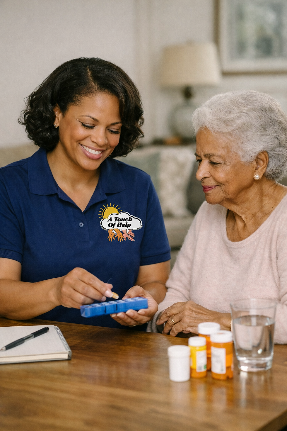 Caregiver helping elderly woman with daily medication.