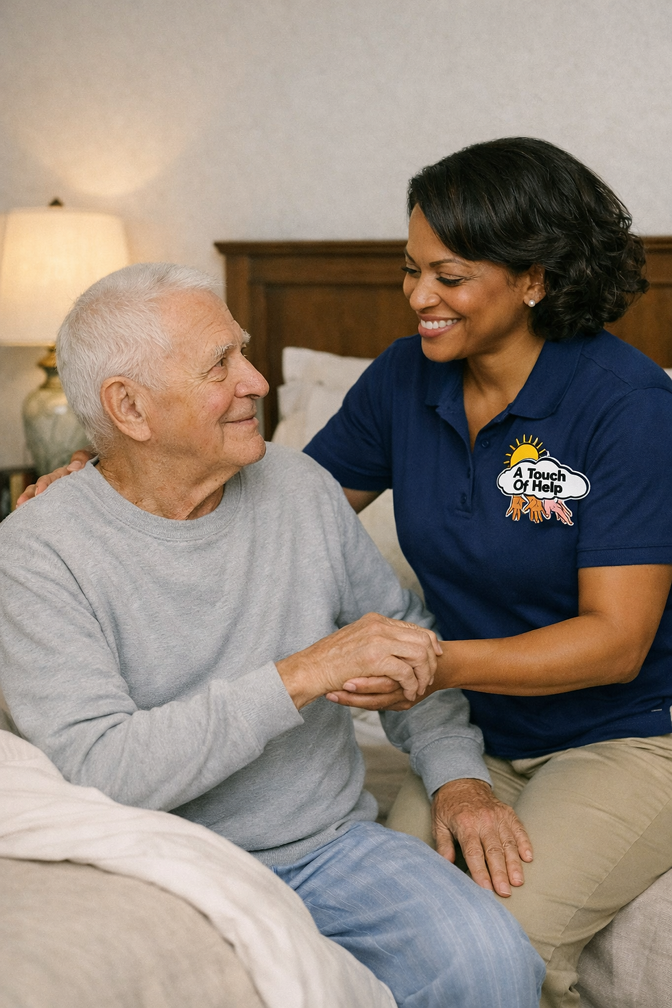 Caregiver smiling and holding hands with a senior man