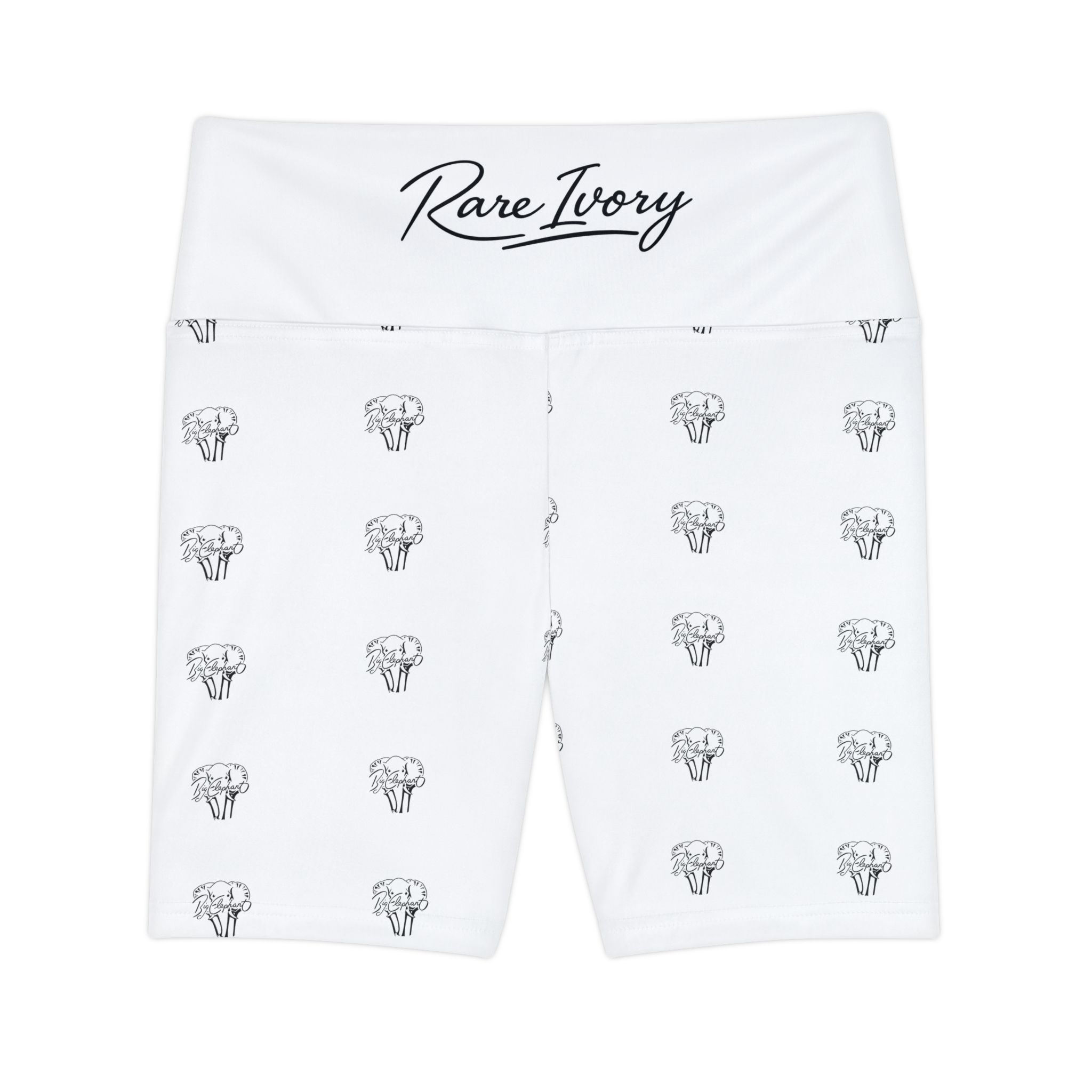 Workout Shorts — White ‘Rare Ivory’ Logo & Mini Elephant Print