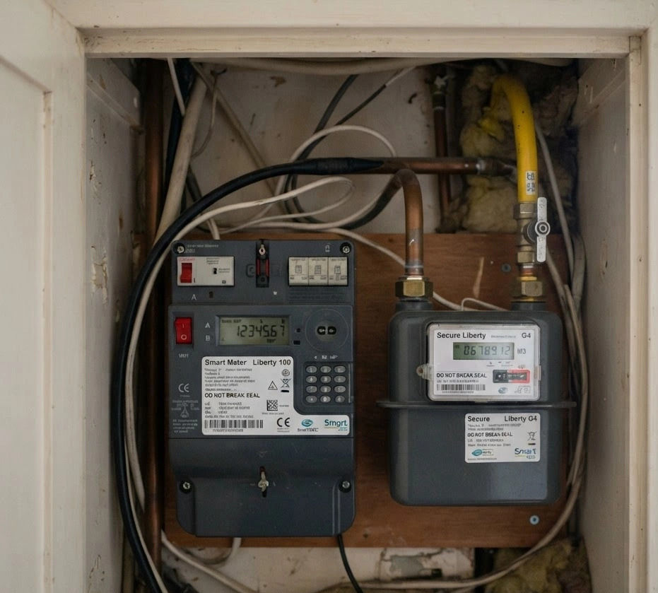 Eye-level view of a hallway showing labelled keys and a meter reading card