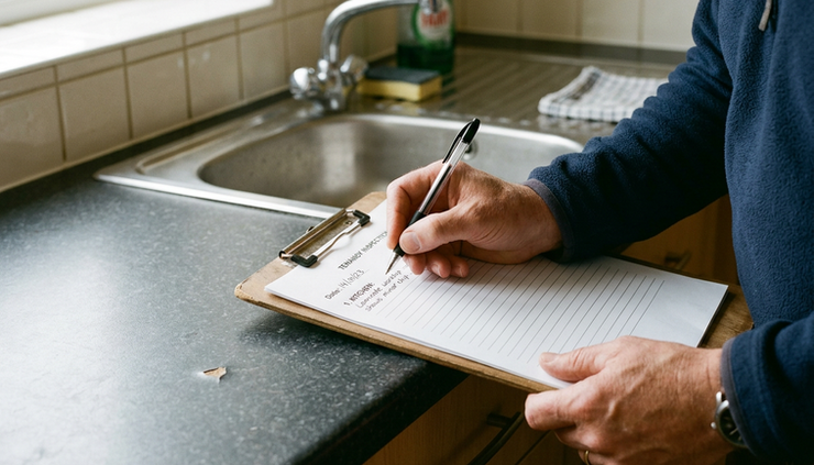 Close-up view of a hand noting the condition of a kitchen worktop