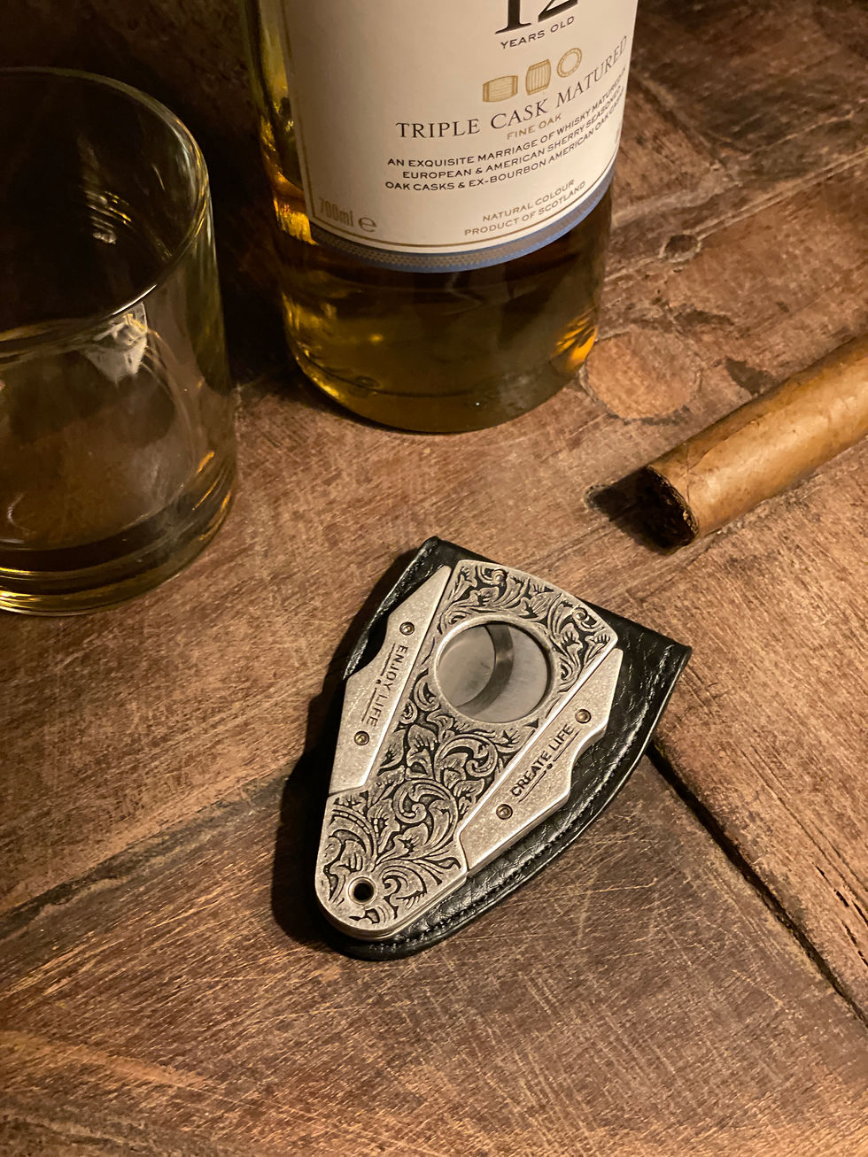Thumbnail: Cigar Cutter - Brushed with center carved ancient silver