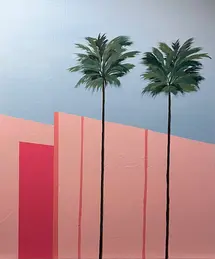 Modernes Gemälde von zwei Palmen vor einer rosa-magenta Architektur-Wand unter blauem Himmel – Kunstwerk Urbane Palmen