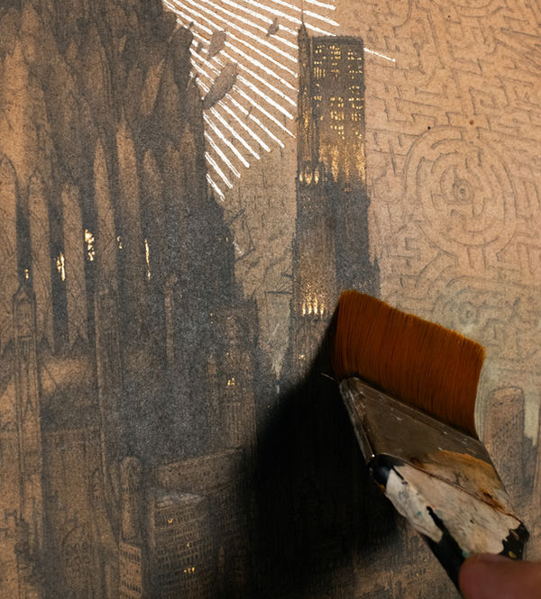 Map detail, tall architectural tower drawn in pencil, gilded summit.