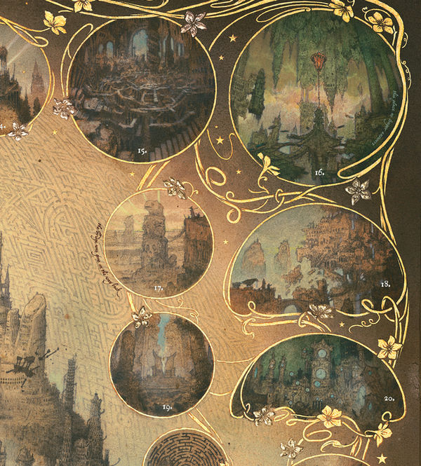 Map detail, golden art nouveau floral motifs framing a medallion.
