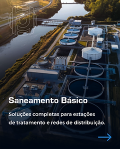 Vista aérea de estação de tratamento de água, representando soluções de saneamento básico para estações e redes de distribuição.