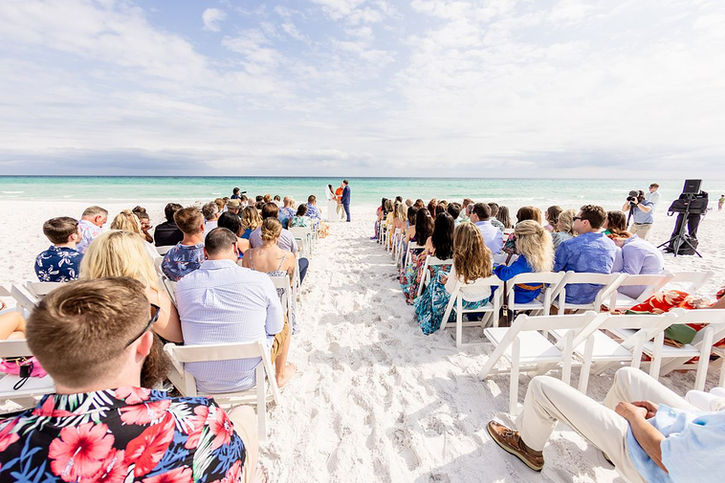 wide angle photograph of beach wedding in 30a with guests and beach showing
