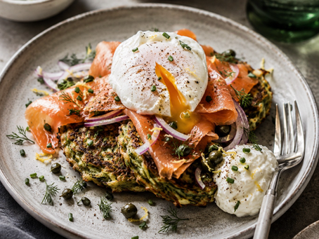 Smoked Salmon & Courgette Fritters with Poached Egg