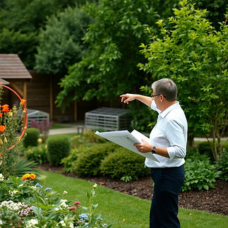 two people looking at construction plans in a garden pointing to an area of the garden.jpg