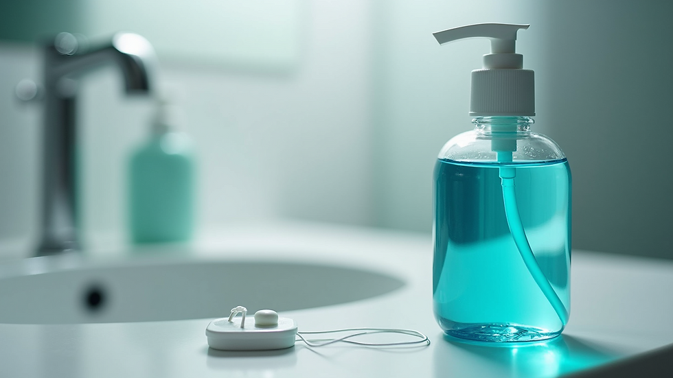 High angle view of mouthwash and dental floss on a bathroom counter