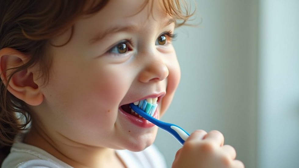 Close-up view of a child brushing teeth with a colorful toothbrush