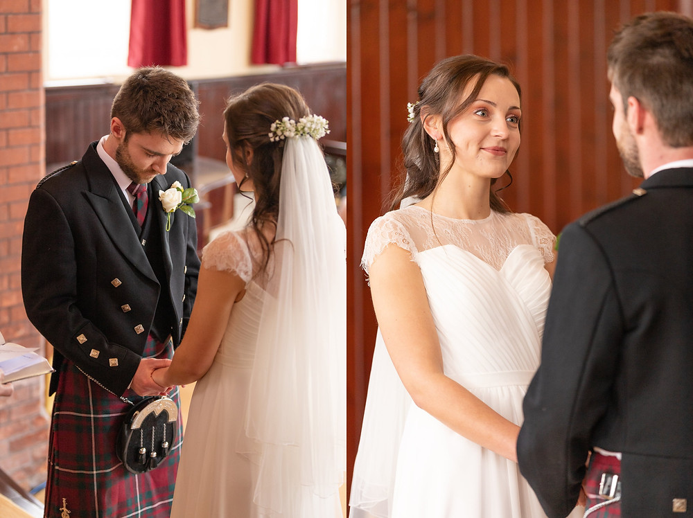 bride and groom pray together during wedding ceremony, bride smiles at groom while he says his wedding vows