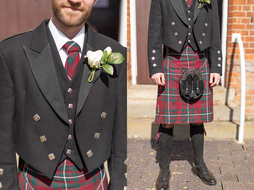 groom's details, groom wearing a red and green tartan Scottish kilt for wedding ceremony