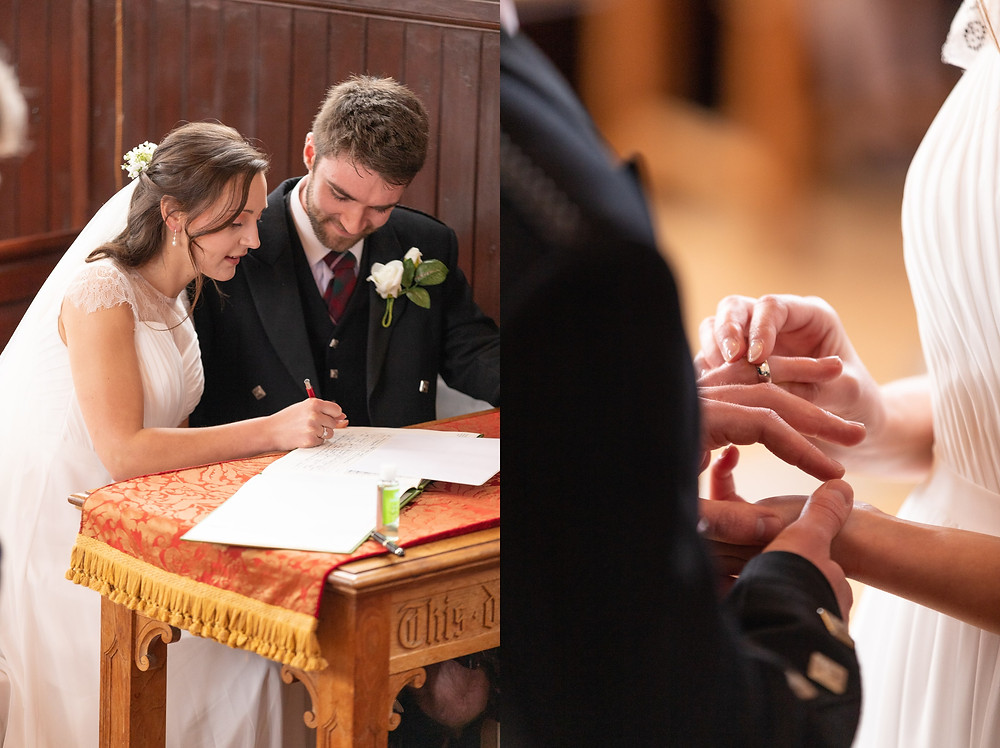 bride and groom sign the wedding registry, bride places wedding band on groom's finger