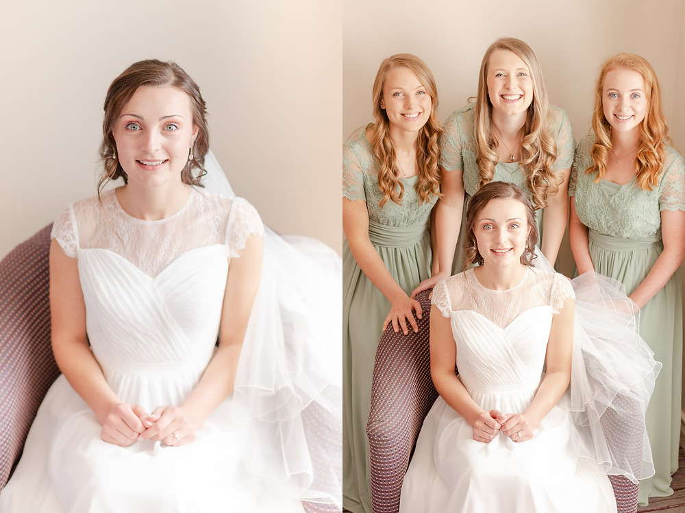Bride in wedding dress smiles at the camera, bride in white wedding dress sits with bridesmaids in green dresses before the wedding