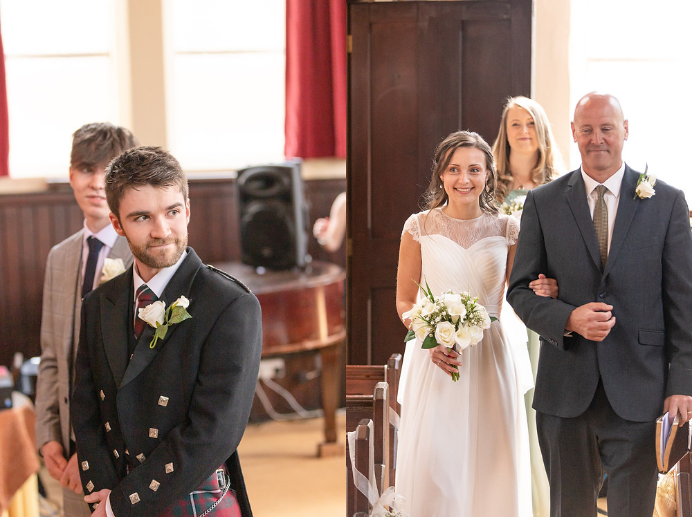 groom looks over his shoulder and sees the bride for the first time, bride and father walk down the aisle