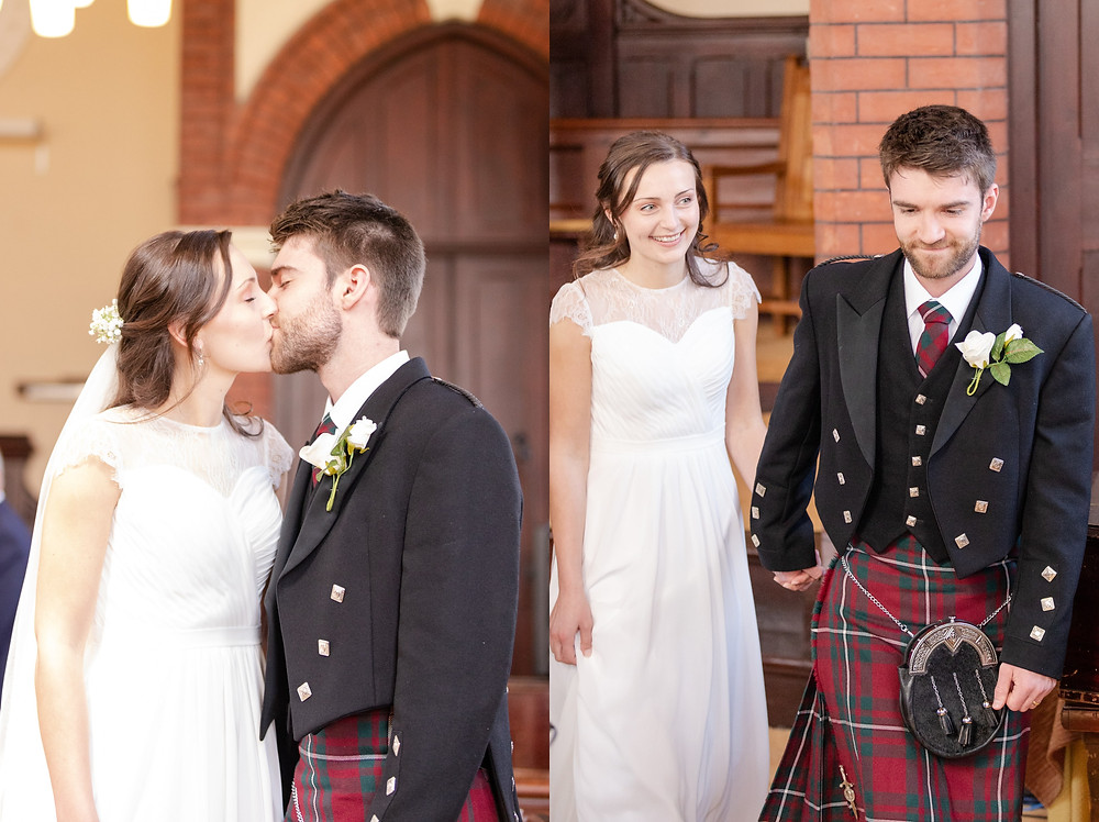 bride and groom kiss, bride and groom walk up the aisle as husband and wife