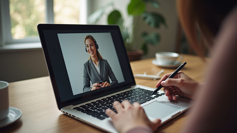 Eye-level view of a laptop on a wooden desk with a virtual assistant taking notes during a video call