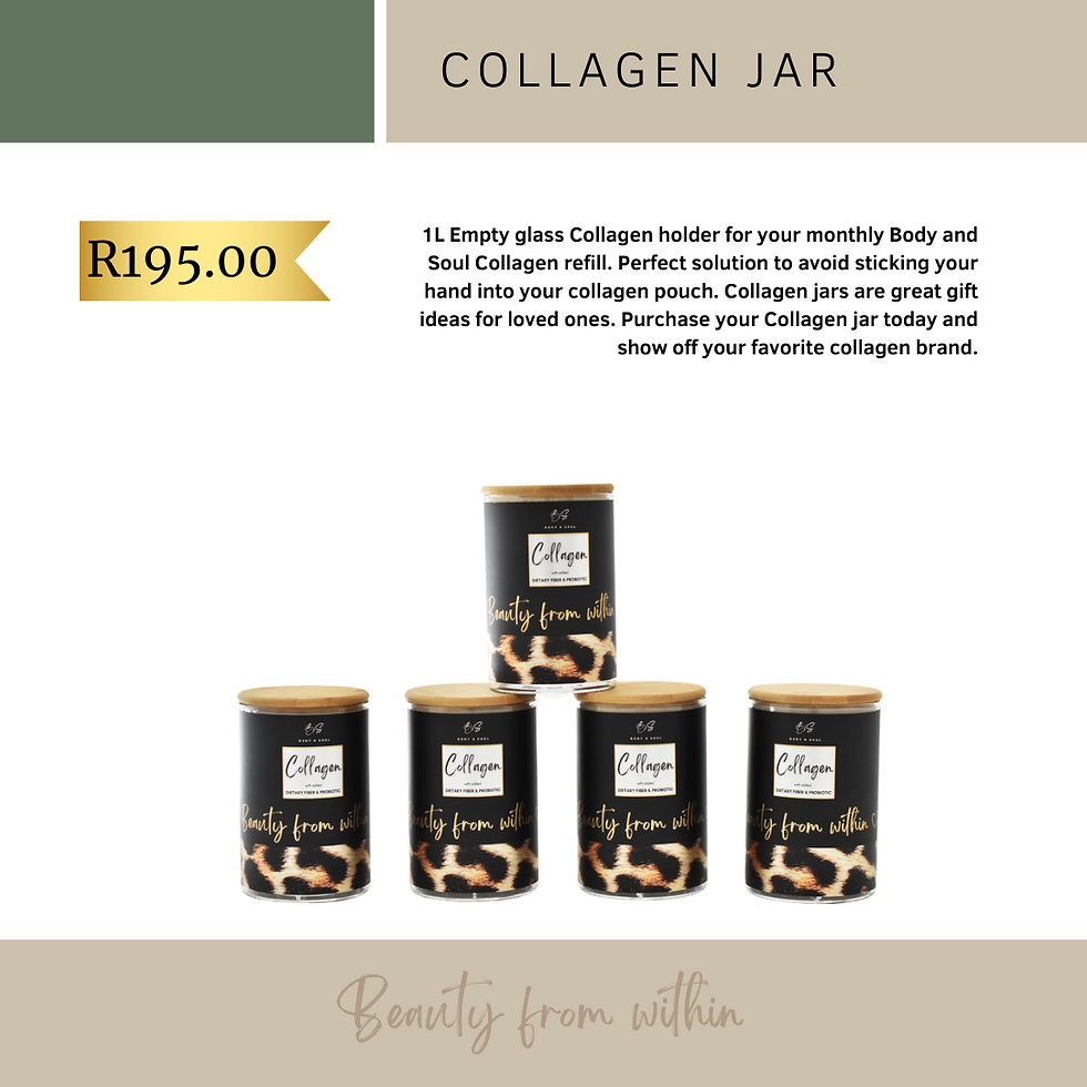Collagen Jar - 1L empty glass jar for Body and Soul Collagen with leopard print design, perfect for monthly collagen refills.