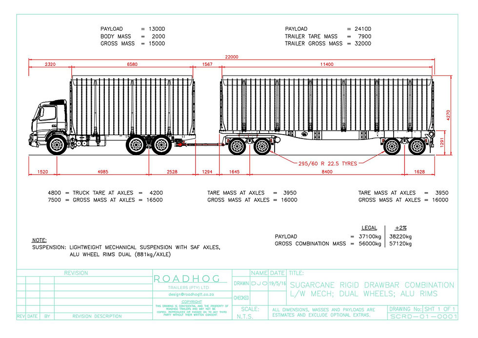 Thumbnail: Detailed side-view engineering drawing of a multi-axle Cane Body trailer, illustrating cargo capacity and transport specifica
