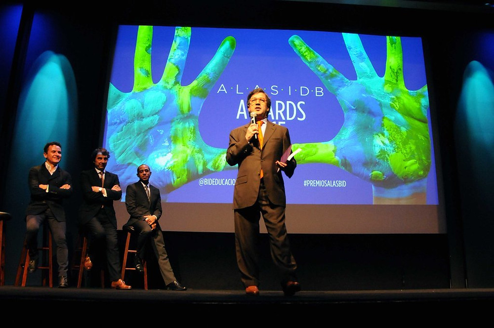 IDB President Morena speaking at ALAS-IDB Awards, with FONSECA, Alas' Juan Pungiluppi, and Actor/Producer Dale Godboldo