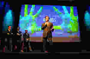 IDB President Morena speaking at ALAS-IDB Awards, with FONSECA, Alas' Juan Pungiluppi, and Actor/Producer Dale Godboldo