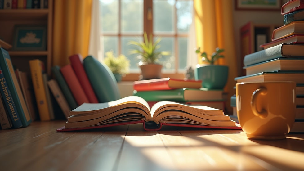 Eye-level view of a cozy reading nook with colorful children’s books