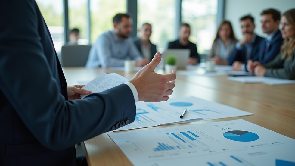 Close-up view of a policy advisor presenting data charts in a meeting room