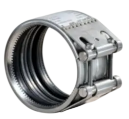 Studio photography of a stainless steel pipe coupling clamp, isolated on a black background. The mechanical industrial component is clean and precisely manufactured.