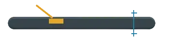 Minimalist graphic design featuring a single horizontal dark grey bar with a small yellow rectangle on the left. The composition is stark and abstract, set against a solid black background.
