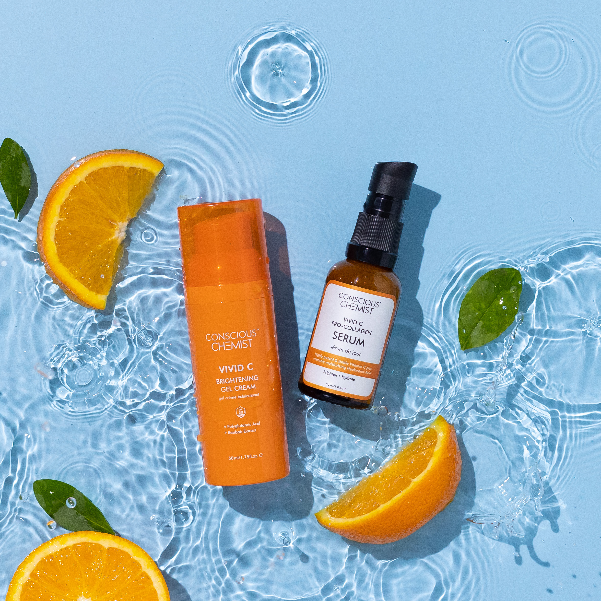 Product photography and styling for Conscious Chemist Vitamin C cream and serum